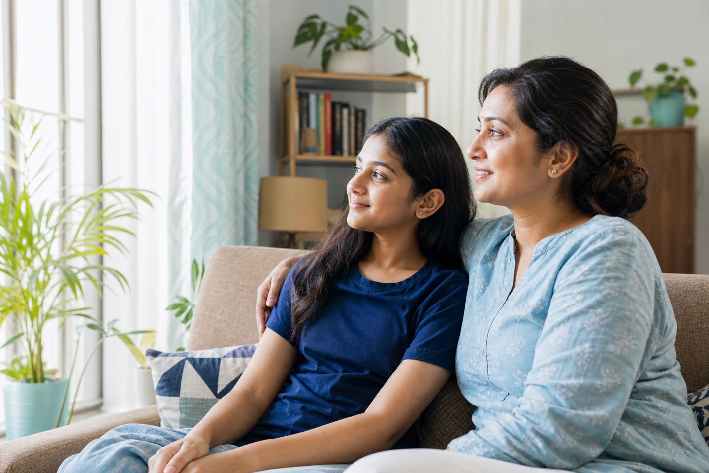 An Indian mother and daughter taking a screen break together at home